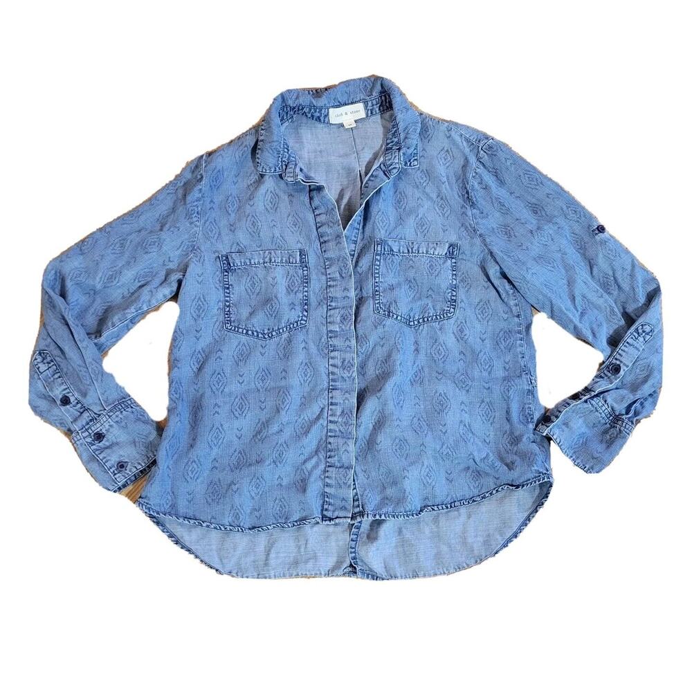 Cloth & Stone Top Shirt Womens Medium Blue Chambray Denim Southwest Aztec Casual